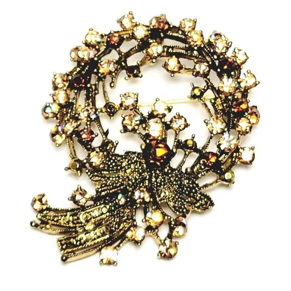 MCM Wreath Brooch Prong Set Multicolor Amber Crystals Gold Tone Pristine EUC! - Picture 1 of 5